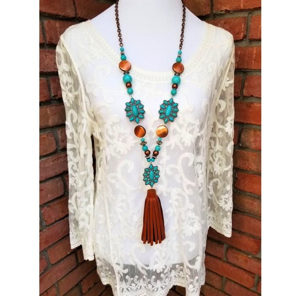 Hand Crafted Jewelry - Necklace Earrings Squash Blossom Faux Leather Turquoise Copper Silver Beads